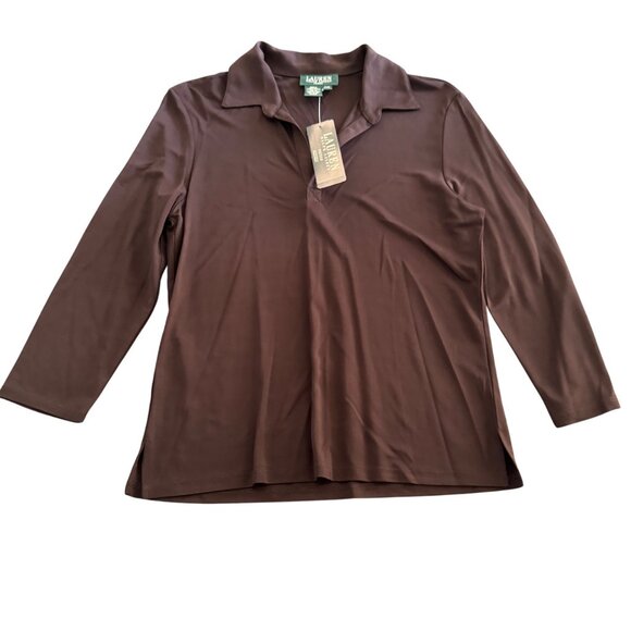 Lauren Ralph Lauren Tops - Lauren Ralph Lauren Women's Dark Choco Anglesey Top With Collar, Size P/M NWT